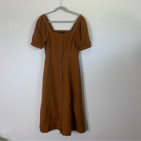 Madewell womens puff sleeve midi dress warm coffee brown linen blend 4 NEW - Picture 2 of 10